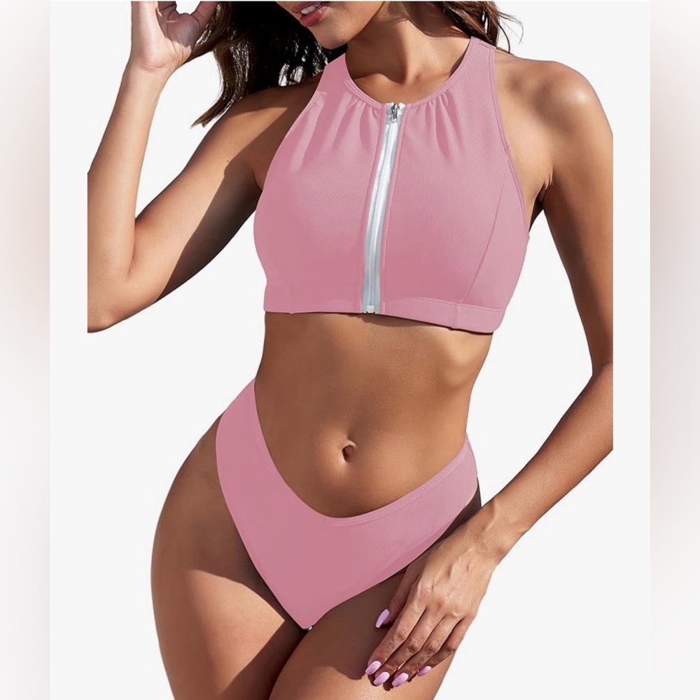 Zaful Pink High-Neck Bikini Set